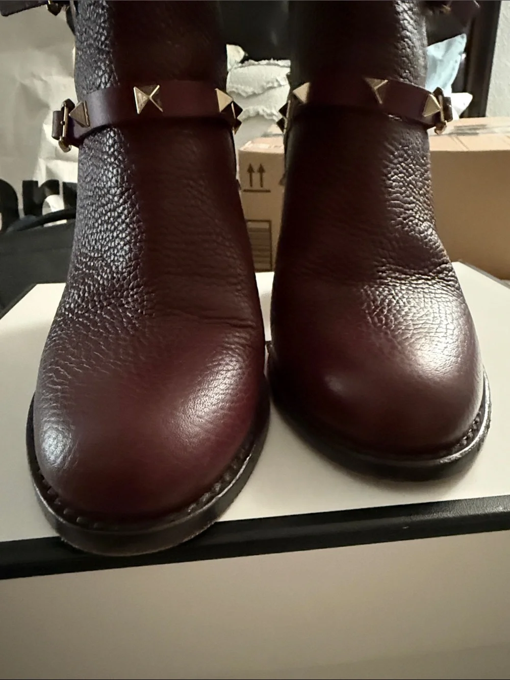 Valentino Garavani Wine Red Studded Leather Ankle Booties